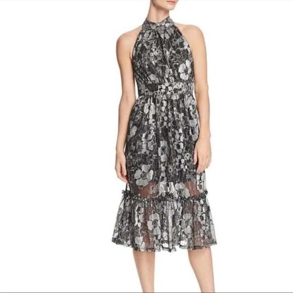 Michael Kors Black and White Ruffled Halter Midi Dress